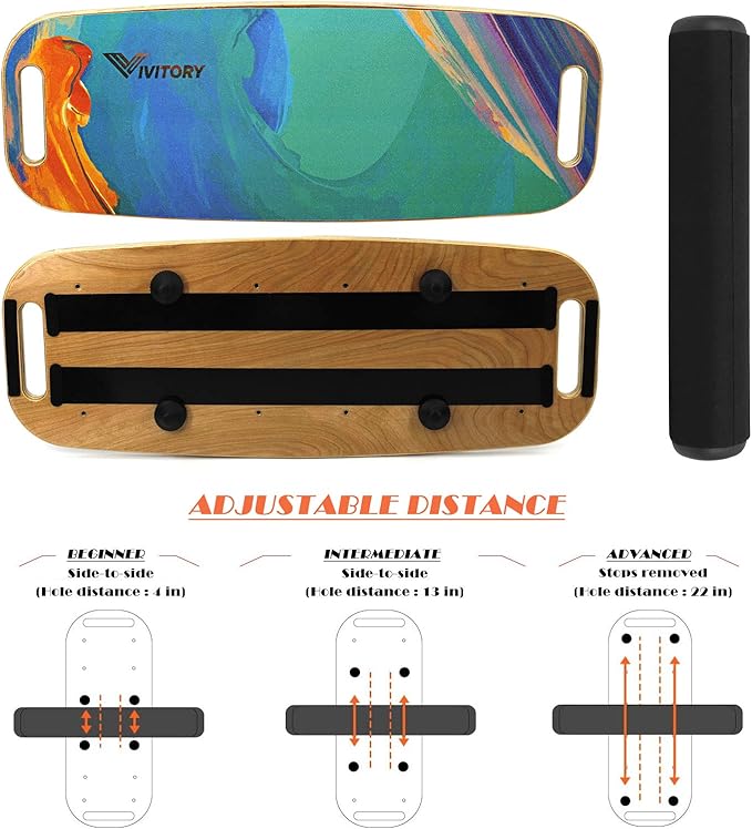 VIVITORY Balance Board Trainer with Handle, Roller Board with Adjustable Stoppers ??3 Different Distance Options 4, 13 and 22 inches, for Hockey, Surfing, Snowboarding, Skateboarding and Skiing