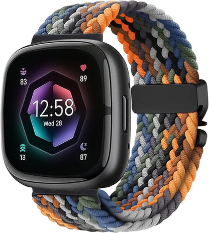 Braided Stretchy Band for Fitbit Versa 4/Versa 3/Sense 2/Sense Watch Band Women Men,Parachute-style Buckle Nylon Sport Wristband Soft Fabric Elastic Loop Strap Accessories for Versa 4/3