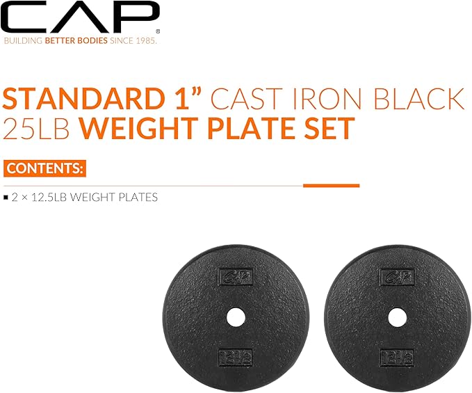 CAP Barbell Standard 1-Inch Cast Iron Weight Plates - Singles & Sets | 1.25-50 lbs | Multiple Options