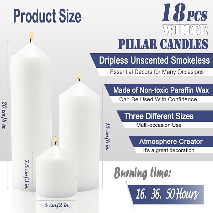18 Pcs White Pillar Candles Bulk Set，Hurricane Candlesï¼? Different Lengths (6 Each)，Dripless Unscented Smokeless，Gives You a Better Atmosphere When Organizing an Event Party.