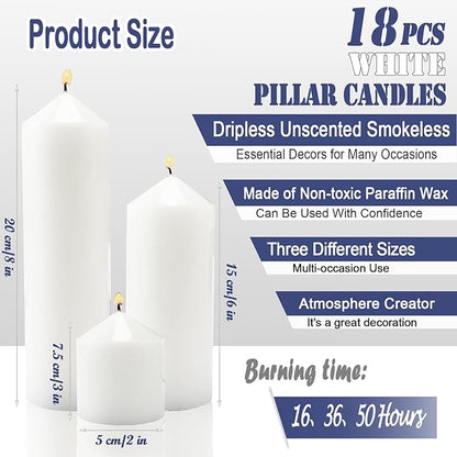 18 Pcs White Pillar Candles Bulk Set，Hurricane Candlesï¼? Different Lengths (6 Each)，Dripless Unscented Smokeless，Gives You a Better Atmosphere When Organizing an Event Party.