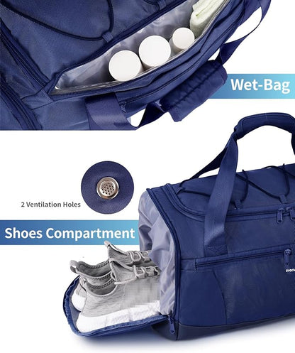 Sportsnew Gym Bag for Women with Shoe Compartment Wet Pocket and Yoga Mat Holder,Mens Duffel Bag for Travel with Laptop Compartment,Weekender Overnight Carry On Bag for Men(Blue Patent Pending)
