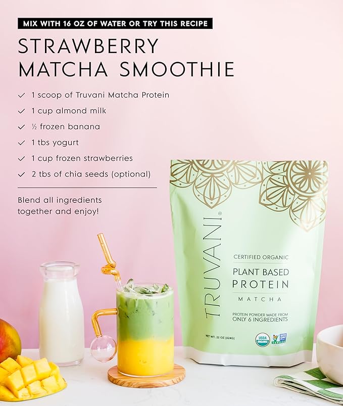 Truvani Vegan Pea Protein Powder | Matcha | 20g Organic Plant Based Protein | 20 Servings | Keto | Gluten & Dairy Free | Low Carb | No Added Sugar