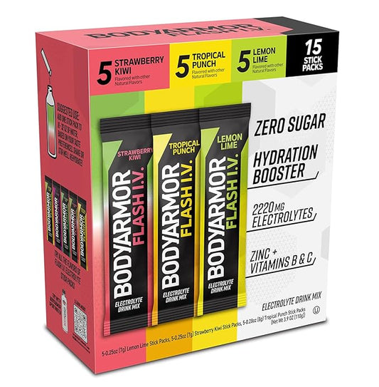BODYARMOR Flash IV Electrolyte Packets, Strawberry Kiwi, Lemon Lime, & Tropical Punch Variety Pack