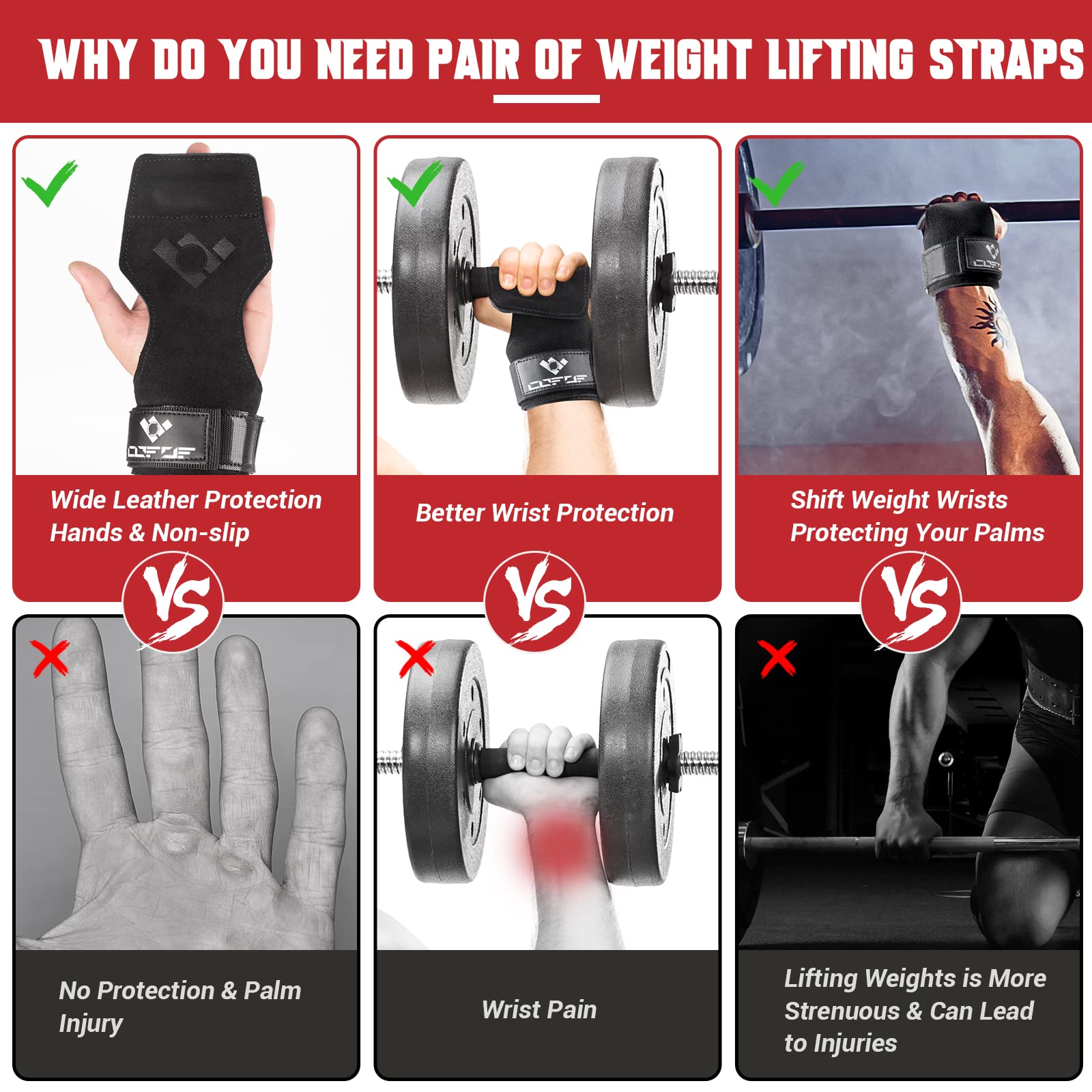 COFOF Weight Lifting Wrist Strap,Double Layer Leather Weightlifting Wrist Strap for Deadlift and