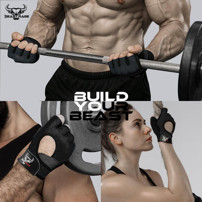 BEAST RAGE Workout Gloves for Men and Women, Fingerless Weight Lifting Gloves with Palm Protection
