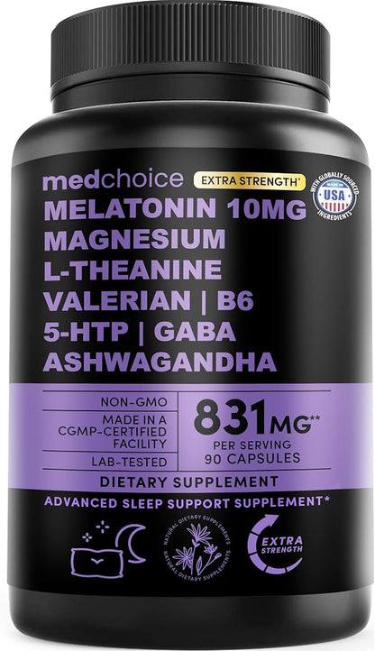 12-in-1 Melatonin Sleep Capsules - 10mg Melatonin Extra Strength with Magnesium and Balanced Blend of Ashwagandha, GABA, Chamomile Extract, L-Theanine & Valerian Root 10:1 Extract (90ct)