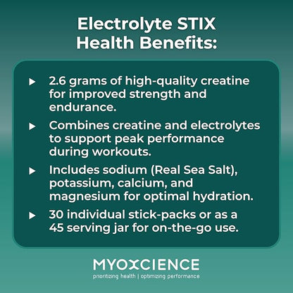 MYOXCIENCE Electrolyte STIX | Creatine Electrolyte Powder | Recovery from Exercise & Muscle Development w/Real Salt (Unflavored) (Jar 45 ct)