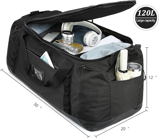 TUGUAN Extra Large Travel Duffle Bag Backpack for Men with Adjustable Dividers 120L Big Weekend Overnight Bag with ID Pocket Shoulder Strap Heavy Duty Sports Duffel Bags for Camping Gym, Black