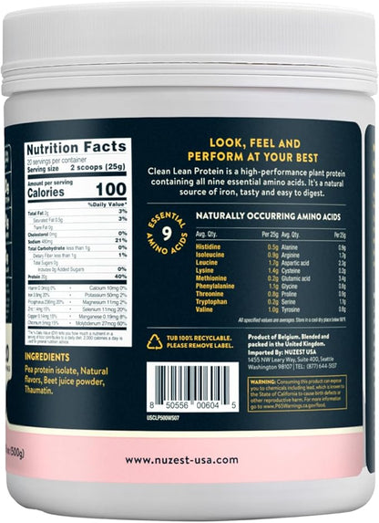 Nuzest - Pea Protein Powder - Clean Lean Protein, Premium Vegan Plant Based Protein Powder, Dairy Free, Gluten Free, GMO Free, Protein Shake (1.1 Pound (Pack of 1), Wild Strawberry)