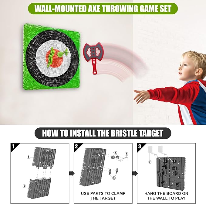 Axe Throwing Target Set for Backyard - Plastic Throwing Axes Game for Adults Kids - Bristle Target Wall-Mounted, 2 Throwing Axes, 2 Ninja Stars, 2 Darts Includes - Indoor Outdoor Yard Carnival Games