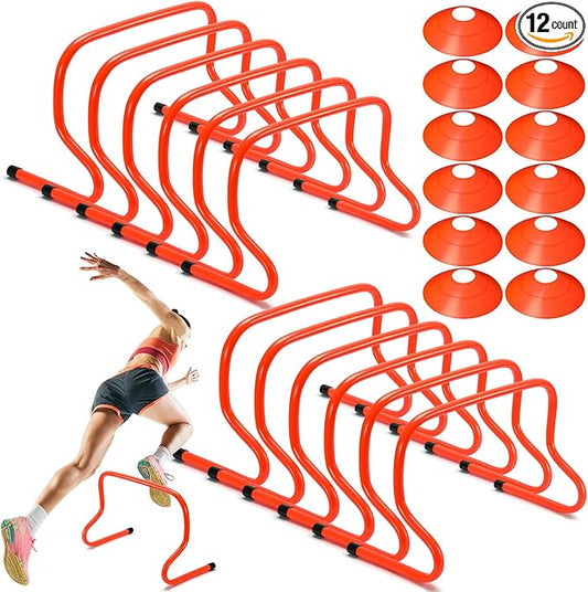 12 Pcs 12 Inch Agility Hurdles Training Equipment Agility Hurdles and Marker Cone Set Disc Cones Speed and Training Obstacle for Athletes Sports Soccer Football Tennis Basketball
