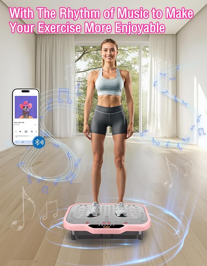 Vibration Plate Exercise Machine, Vibrating Fitness Platform Whole Body Shake Board Workout Equipment Fat Burner Vibrate Stand with Bluetooth Resistance Bands for Women Men Home Sport Gym-Pink