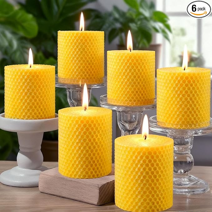 6 Pack Natural Beeswax Pillar Candles,2.8x4in Handmade Beeswax Rolled Candles,192 Hours Long Burning Honeycomb Bees Wax Candle for Gift & Home Decor,Dripless Smokeless Unscented