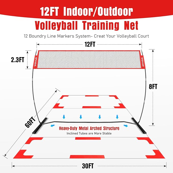 12Ft Beach Volleyball Net for Backyard, Portable Net Set, Freestanding Volleyball Training Equipment with Pump, Bag, Sports Game for Outdoor Indoor, Height Adjustable