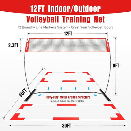 12Ft Beach Volleyball Net for Backyard, Portable Net Set, Freestanding Volleyball Training Equipment with Pump, Bag, Sports Game for Outdoor Indoor, Height Adjustable