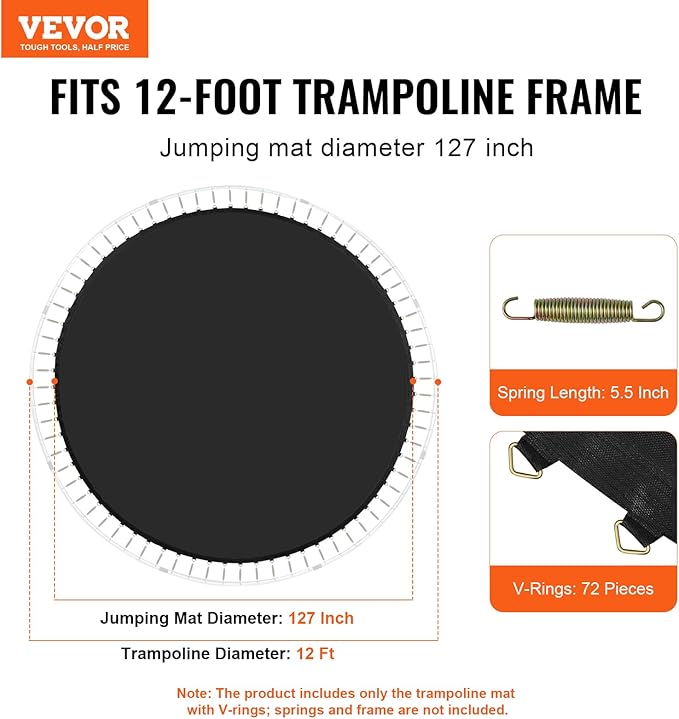 VEVOR Replacement Trampoline Mat, Universal Jumping Round Trampoline, Reinforce UV-Resistant Mat with Spring Tool & Durable V-Rings