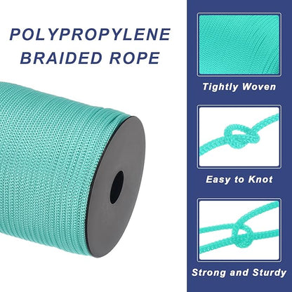 MECCANIXITY 5/32 Inch Polypropylene Rope Braided Ropes, 328ft Camping Rope Hollow Utility Cord for Clothesline, Hiking, Outdoor, Light Blue