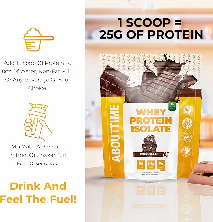 About Time Whey Protein Isolate Powder 24g Chocolate, Natural Ingredients, Non-GMO, Gluten-Free, Lactose-Free, Zero Sugar, Low Carb, 32 Servings