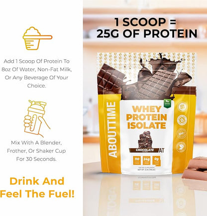 About Time Whey Protein Isolate Powder 24g Chocolate, Natural Ingredients, Non-GMO, Gluten-Free, Lactose-Free, Zero Sugar, Low Carb, 32 Servings