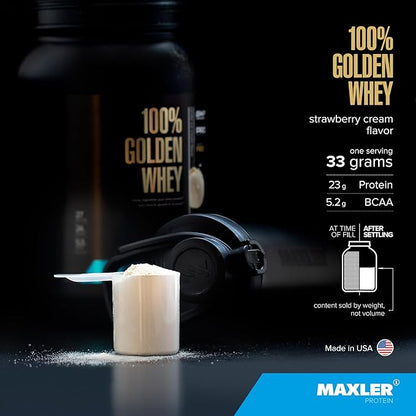 Maxler 100% Golden Whey Protein - 23g of Protein per Serving - Premium Whey Protein Powder for Pre Post Workout - Fast-Absorbing Whey Concentrate, Isolate & Hydrolysate Blend - Strawberry Cream 2 lb