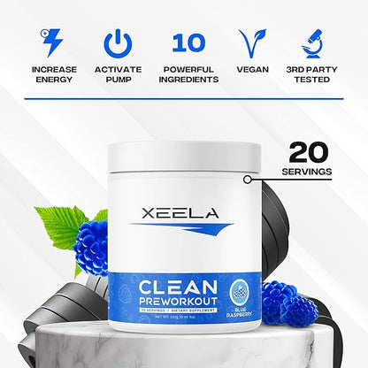 XEELA Pre Workout Powder - Clean & Tested - Jitter Free, Safe, and Natural - Increase Thermogenic Energy, Focus, and Endurance w/Creatine, Organic Caffeine, and Plant Based Citrulline (Blue Raspberry)