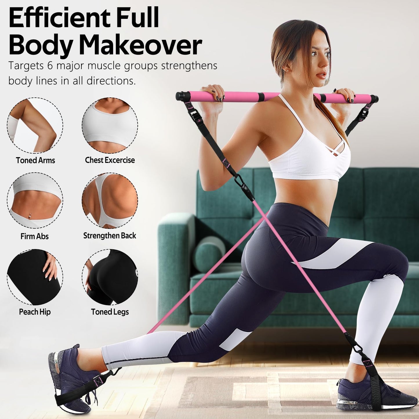 Pilates Bar Kit with 6 Latex Resistance Bands, Adjustable Exercise Bar