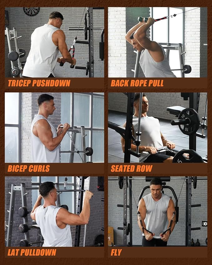 Smith Machine, Power Cage Squat Rack with Cable Crossover, Dual Pulley System, Pull-Up Bar, Home Gym Workout Equipment with Attachments for Strength Training and Weightlifting