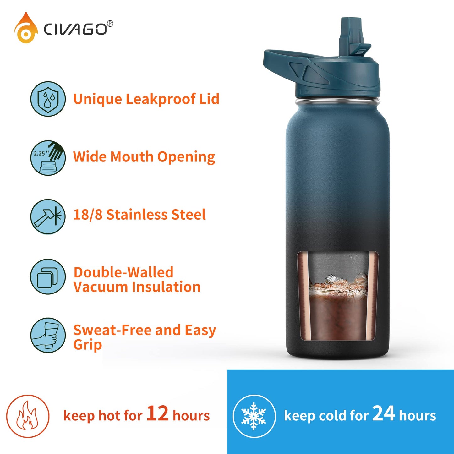 CIVAGO 32 oz Insulated Stainless Steel Water Bottle With Straw and 3 Lids