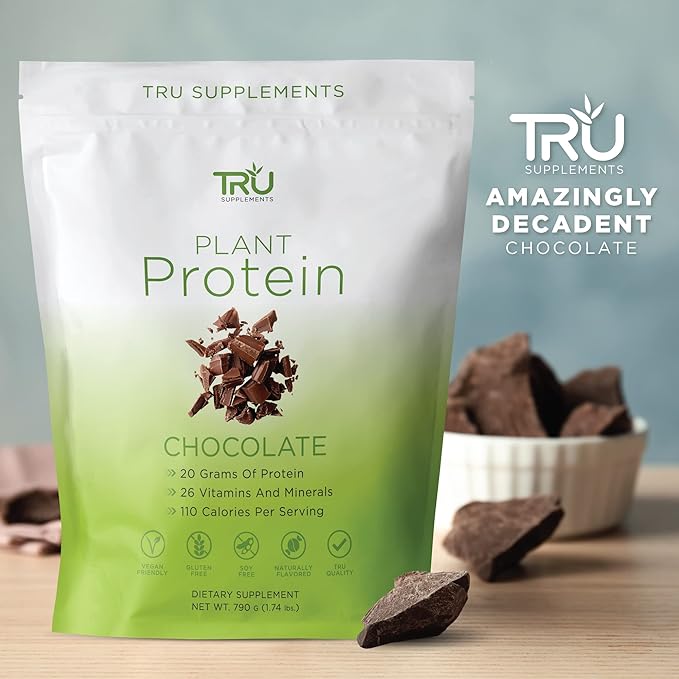TRU Supplements Plant Based Protein Powder, BCAA, EAA, 20g Vegan Brown Rice & Pea Protein, 100 Calories, 27 Vitamins, No Artificial Flavors 25 Servings (Natural Chocolate Cream)
