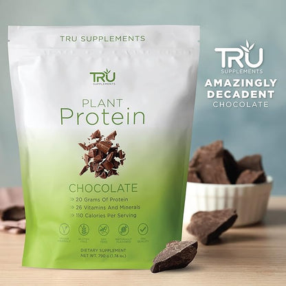 TRU Supplements Plant Based Protein Powder, BCAA, EAA, 20g Vegan Brown Rice & Pea Protein, 100 Calories, 27 Vitamins, No Artificial Flavors 25 Servings (Natural Chocolate Cream)
