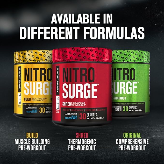 Jacked Factory NITROSURGE Shred Pre Workout Supplement - Energy Booster, Instant Strength Gains, Sharp Focus, Powerful Pumps - Nitric Oxide Booster & PreWorkout Powder - 30Sv, Black Cherry