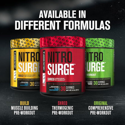 Jacked Factory NITROSURGE Shred Pre Workout Supplement - Energy Booster, Instant Strength Gains, Sharp Focus, Powerful Pumps - Nitric Oxide Booster & PreWorkout Powder - 30Sv, Orange Pineapple