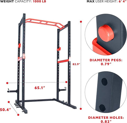 Sunny Health & Fitness Power Zone Strength Rack Power Cage - 1000 LB Weight Capacity, Spotter Bar, Angled Pull-Up Bar, J-Hooks, Resistance Band Pins, Optional LAT Pull Down
