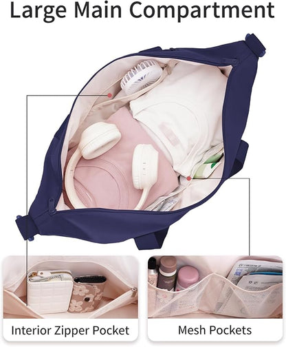 sportsnew Gym Travel Bag for Women, Large Travel Duffel with Shoe Compartment and Wet Pocket, Water Resistant Weekender Overnight Carry on Sports Tote Bags, Navy Blue, patent pending