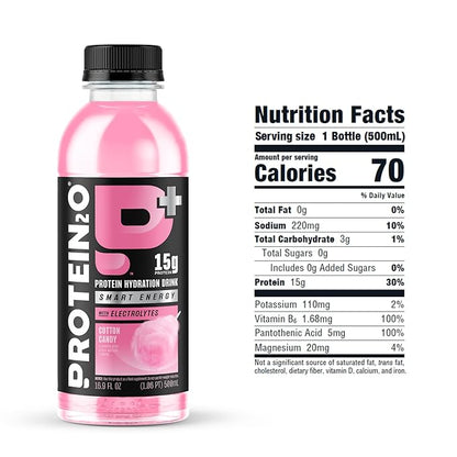Protein2o 15g Whey Protein Isolate Hydration Drink Plus Energy & Focus, 350mg of Electrolytes, Vitamins B5 & B6, Sugar Free, Cotton Candy, 16.9 oz Bottle (Pack of 12)