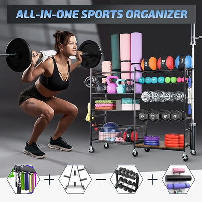 PLKOW Dumbbell Rack, Weight Rack for Dumbbells, Home Gym Storage for Dumbbells Kettlebells Yoga Mat and Balls, All in One Workout Storage with Wheels and Hooks, Powder Coated Finish Steel