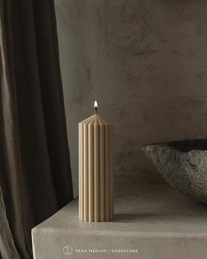 LAWA Ribbed Peak Pillar Candle - Large Beautiful Handmade Pillar Scented Soy Wax Candle Elegant Bubble Aesthetic Candle Housewarming Gift Home Room Shelf Decor Idea (Medium, Sandstone)