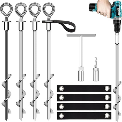 Trampoline Anchors Set of 4 - Heavy Duty Trampoline Stakes - Ground Anchors Resistant High Wind - Ground Stakes Heavy Duty with Straps(Silver-4x15)