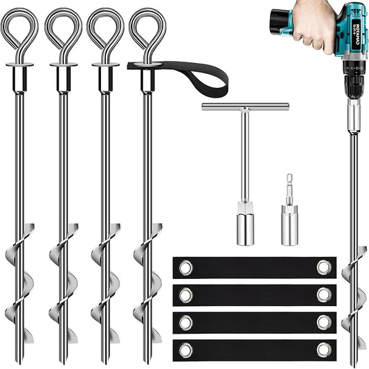 Trampoline Anchors Set of 4 - Heavy Duty Trampoline Stakes - Ground Anchors Resistant High Wind - Ground Stakes Heavy Duty with Straps(Silver-4x15)