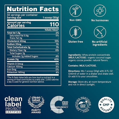 Puori Whey Protein Powder - Dark Chocolate - PW1 Pasture Raised, Grass-Fed & Non-GMO - 100% Natural and Pure for Muscle Growth - 21g Protein 1.98lbs - Gluten-Free