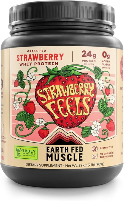 Earth Fed Muscle Strawberry?¯Feels??Forever) ??Irish Truly Grass?‘Fed Whey Protein Isolate, No Sugar, Soy?‘Free, Gluten?‘Free (2 lb, 29 Servings, Strawberry)