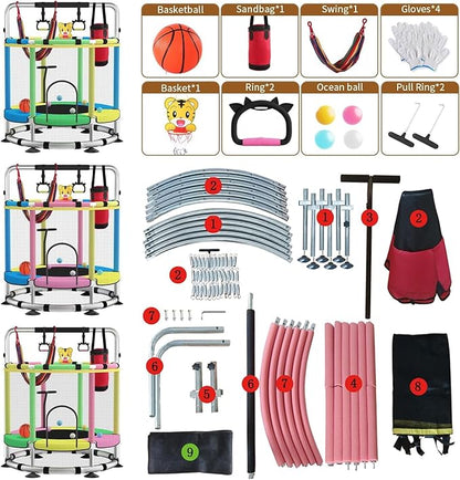 Trampoline for Kids, Adjustable Baby Toddler Trampoline with Basketball Hoop, Round Bottom Indoor Outdoor Toddler with Enclosure