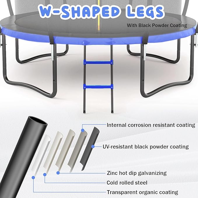 Trampoline 12FT 14FT 15FT 16FT for Kids/Adults - Outdoor Recreational with Enclosure Net Curved Poles and Ladder, Heavy Duty Anti-Rust Coating, ASTM Approval