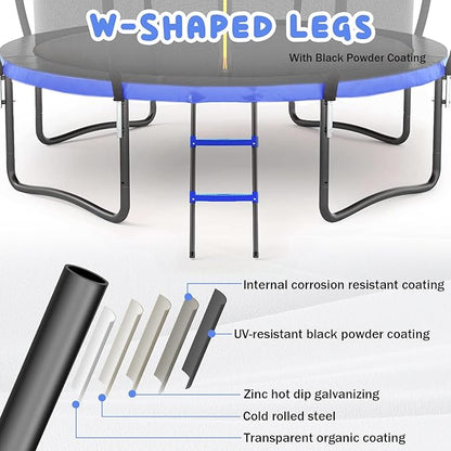Trampoline 12FT 14FT 15FT 16FT for Kids/Adults - Outdoor Recreational with Enclosure Net Curved Poles and Ladder, Heavy Duty Anti-Rust Coating, ASTM Approval