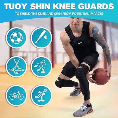 TUOY Knee Pad with Shin Guard Pads, Protective Shin/Knee Sleeve Support for Soccer, Football, Basketball, Wrestling, Volleyball (A Pair)