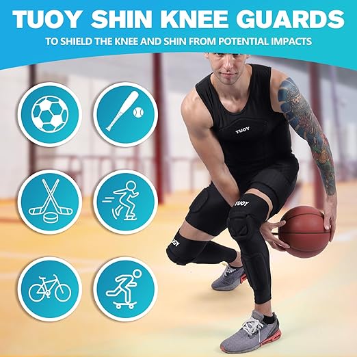 TUOY Knee Pad with Shin Guard Pads, Protective Shin/Knee Sleeve Support for Soccer, Football, Basketball, Wrestling, Volleyball (A Pair)