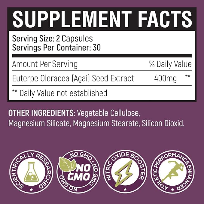 New Patented Nitric Oxide Supplement -Increase Blood Flow & Circulation- Organic Acai Seed Extract -100% Vasodilation, Support Circulation- 50 X Antioxidants- 60 Capsules