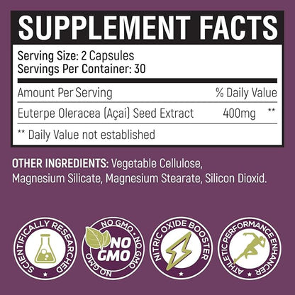 New Patented Nitric Oxide Supplement -Increase Blood Flow & Circulation- Organic Acai Seed Extract -100% Vasodilation, Support Circulation- 50 X Antioxidants- 60 Capsules