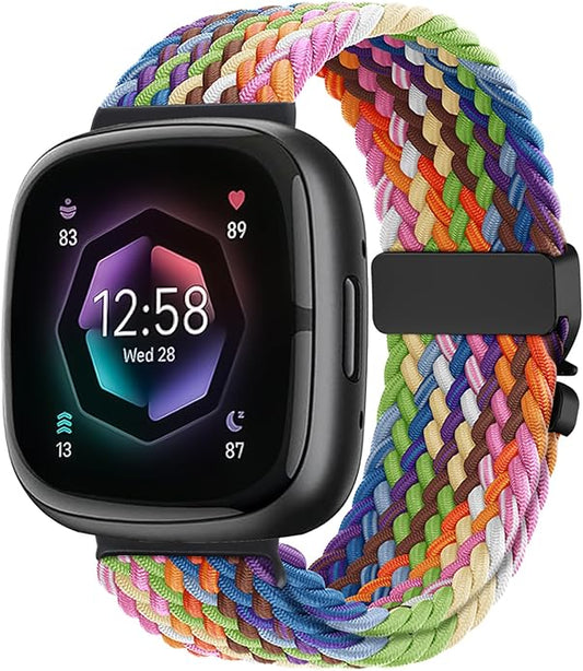 Braided Stretchy Band for Fitbit Versa 4/Versa 3/Sense 2/Sense Watch Band Women Men,Parachute-style Buckle Nylon Sport Wristband Soft Fabric Elastic Loop Strap Accessories for Versa 4/3